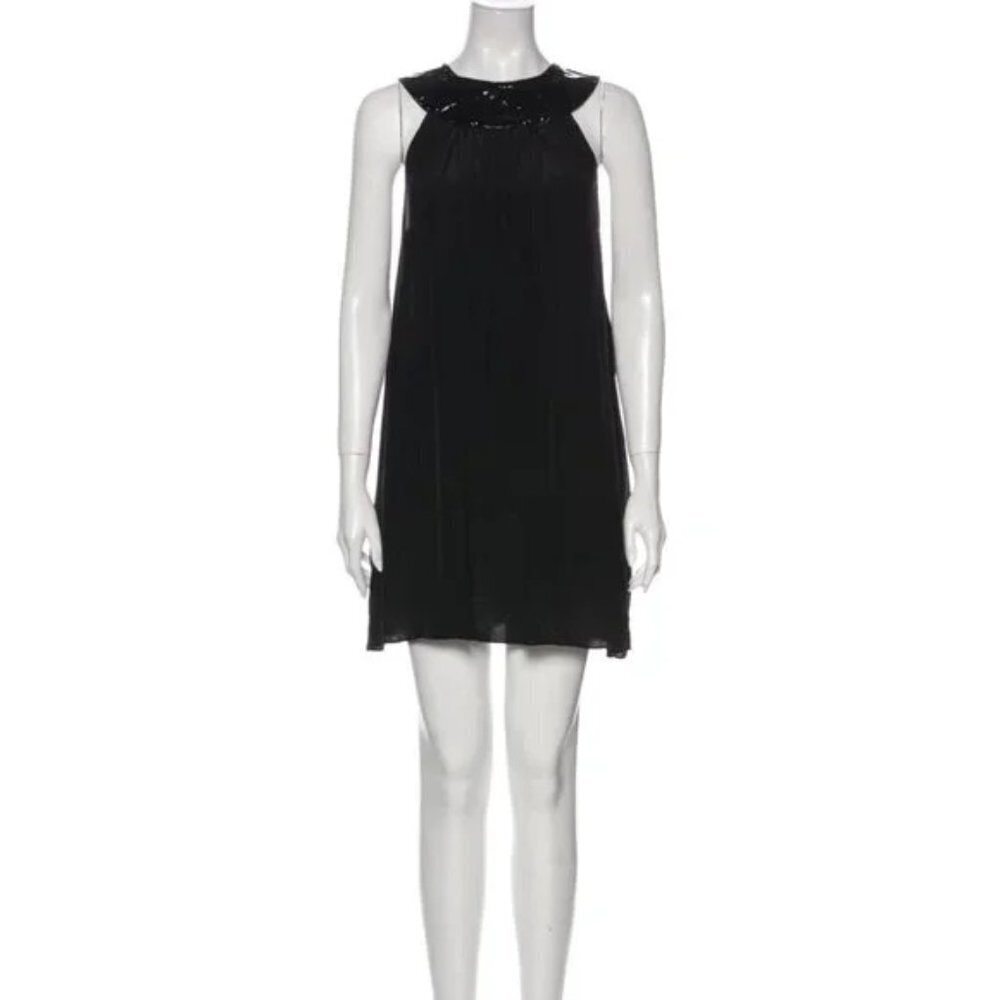 Jenni Kayne Black Silk Mini Dress with Leather Collar
